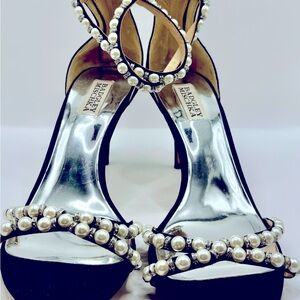 Badgley Mischka, black satin sandal, pearl and rhinestone, size 9.5
